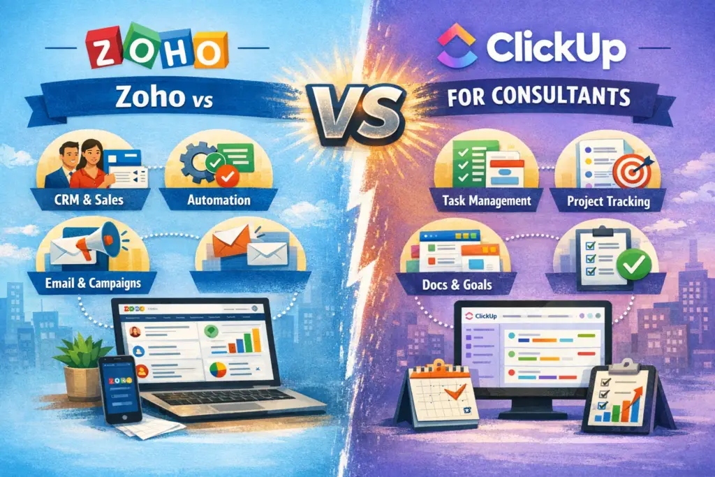 Zoho vs ClickUp comparison for consultants showing CRM vs project management