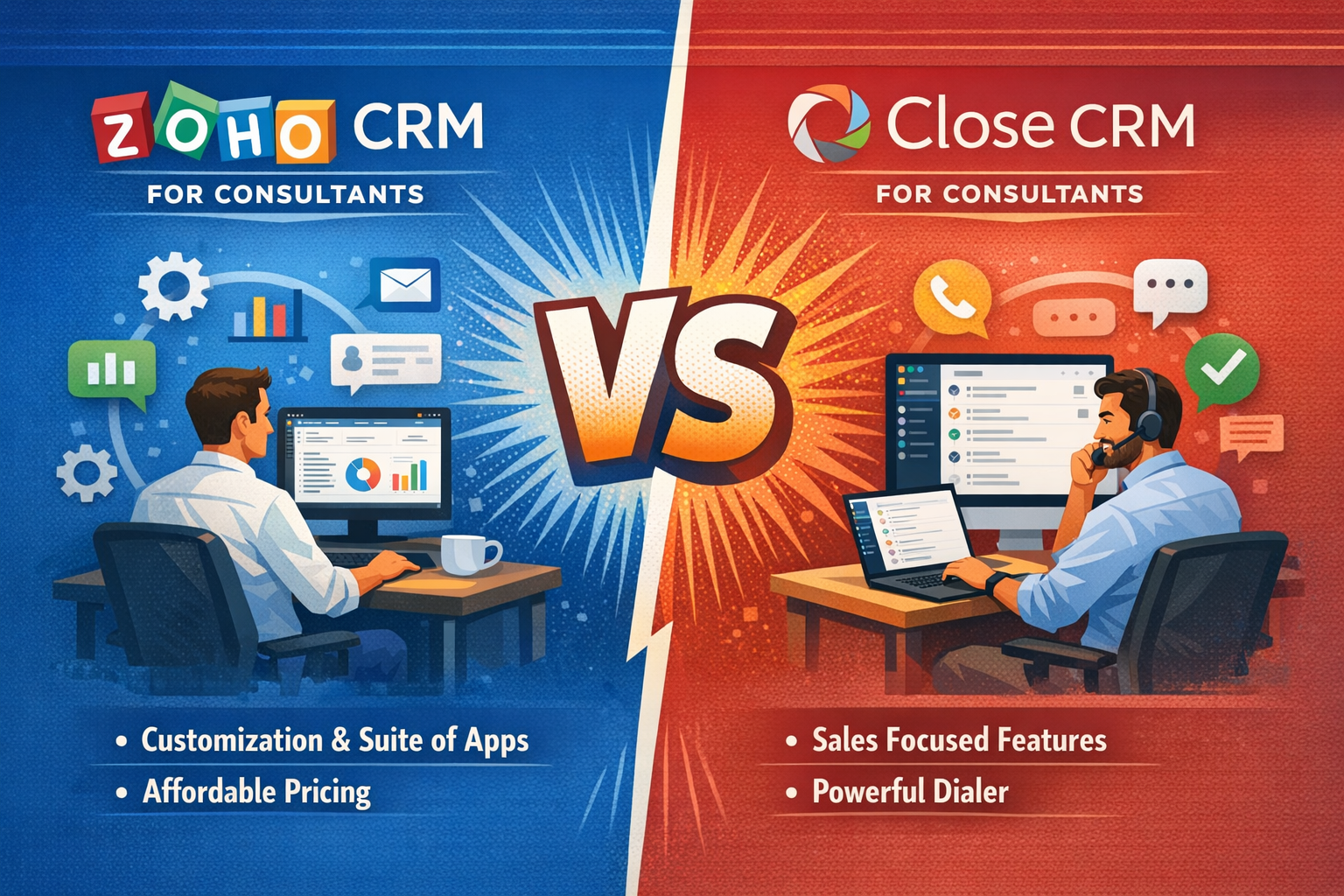 Zoho vs Close CRM comparison for consultants showing full CRM vs sales CRM
