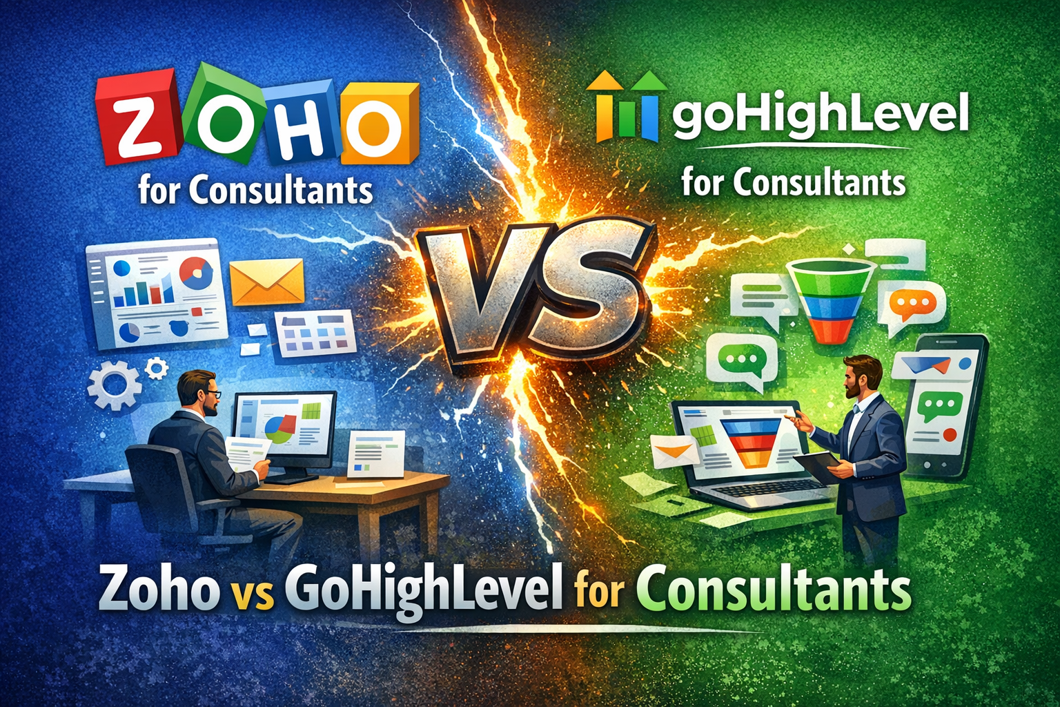Zoho vs GoHighLevel comparison for consultants showing CRM vs marketing automation