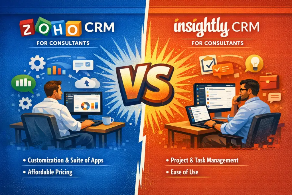 Zoho vs Insightly comparison for consultants showing CRM vs project integrated CRM