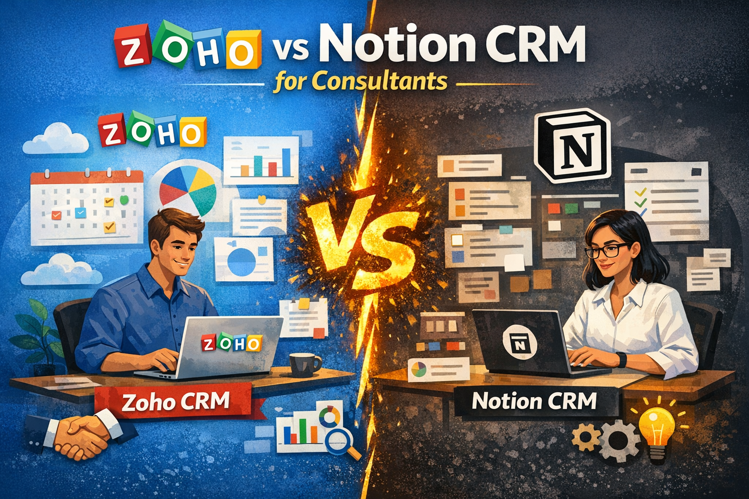 Zoho vs Notion CRM comparison for consultants showing structured CRM vs flexible workspace