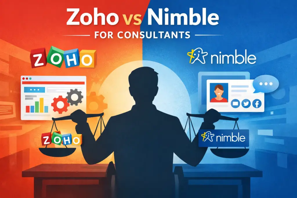 Zoho vs Nimble comparison for consultants showing full CRM vs relationship CRM