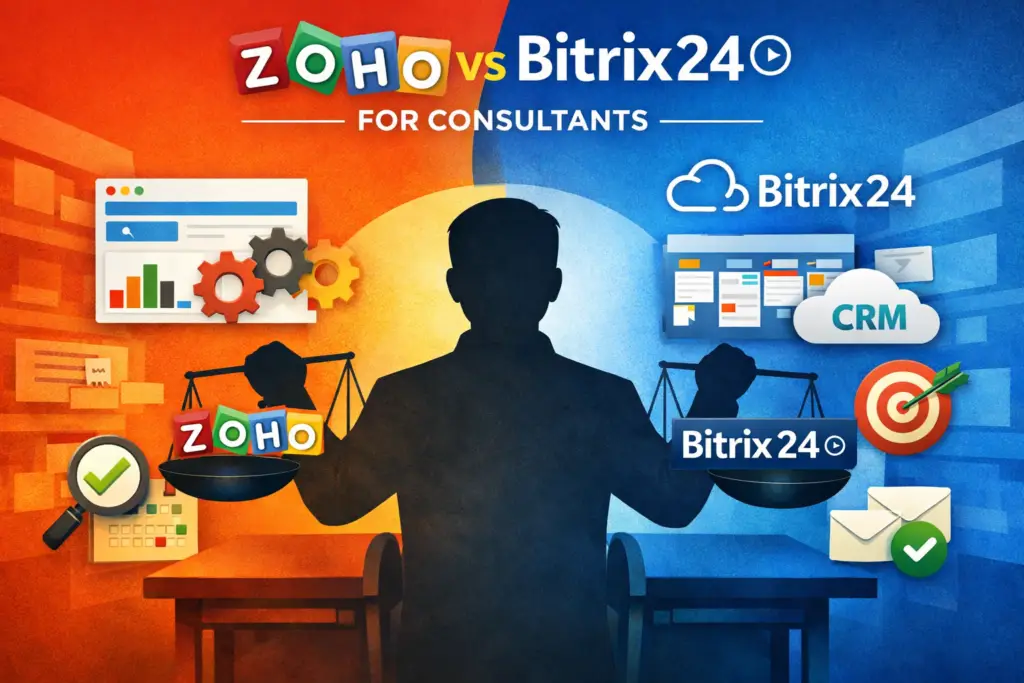 Zoho vs Bitrix24 comparison for consultants showing CRM vs all in one business platform